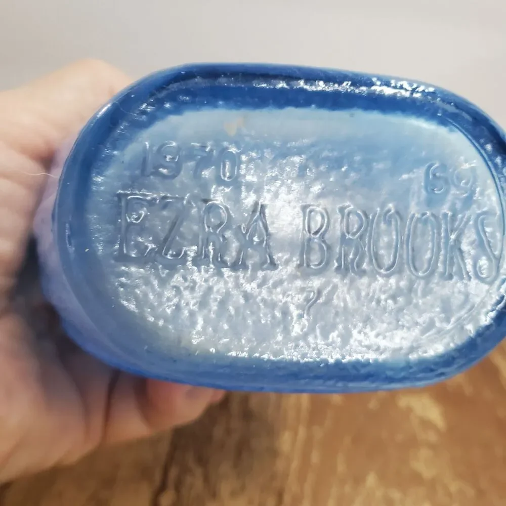 1970 Ezra Brooks Never Surrender Blue Glass Whiskey Bourbon Decanter Bottle
